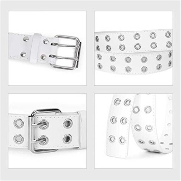 Double Grommet Punk Belt White Vegan Leather Studded Belt for Women Men Jeans main image 4